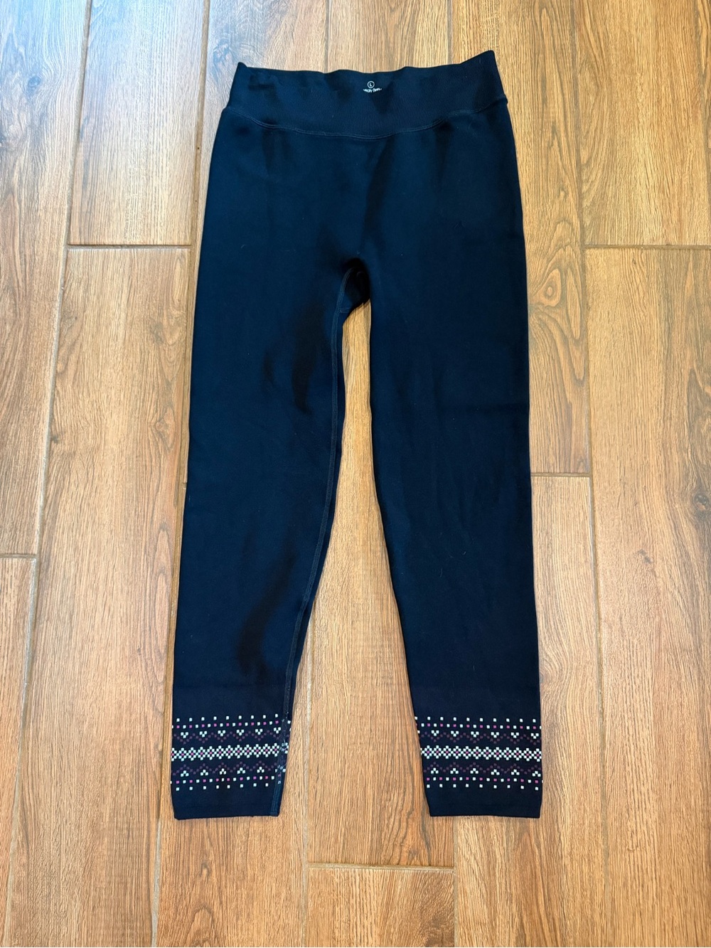 Sweaty Betty Black Leggings with Pink & White Ankle Pattern Size L